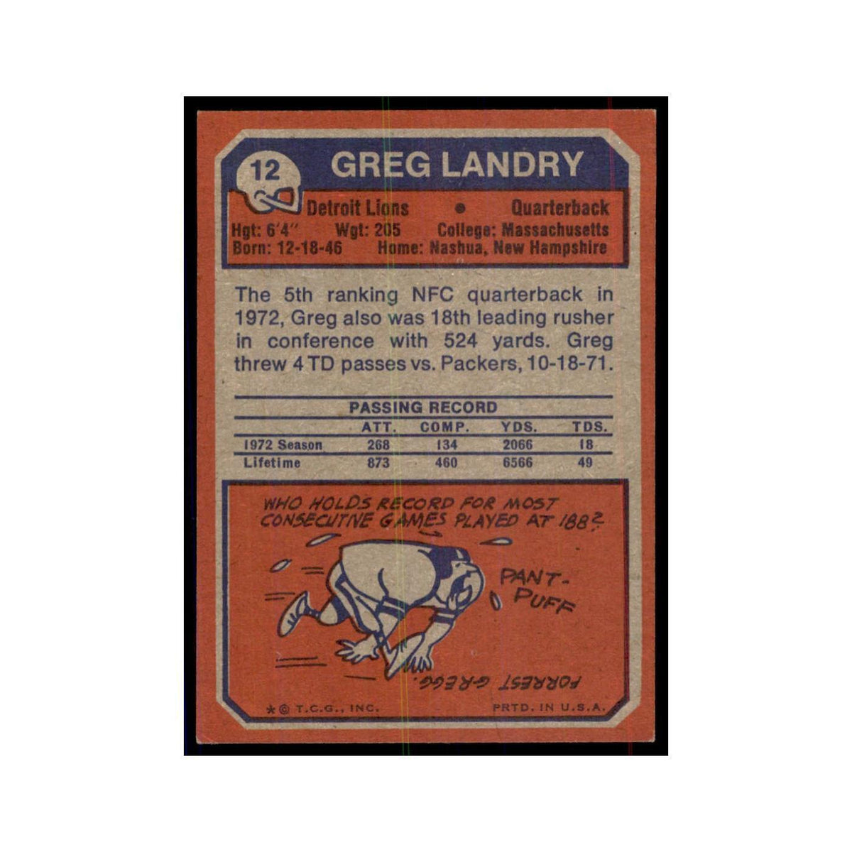 1973 Topps Greg Landry Lions #12