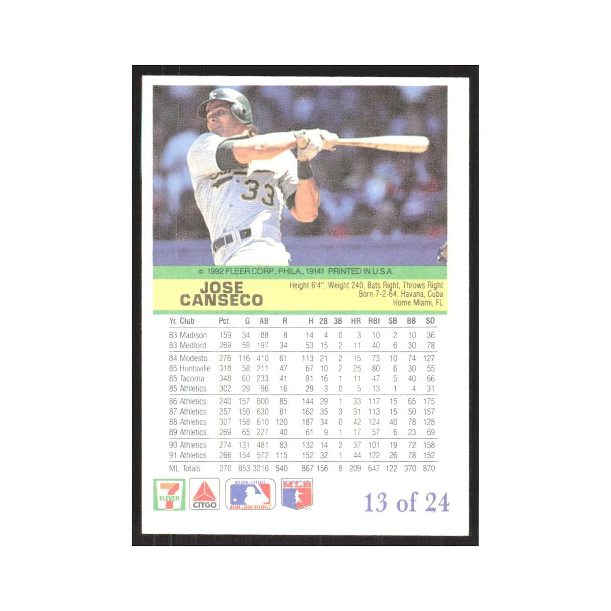 1992 Fleer The Performer Jose Canseco Athletics #13