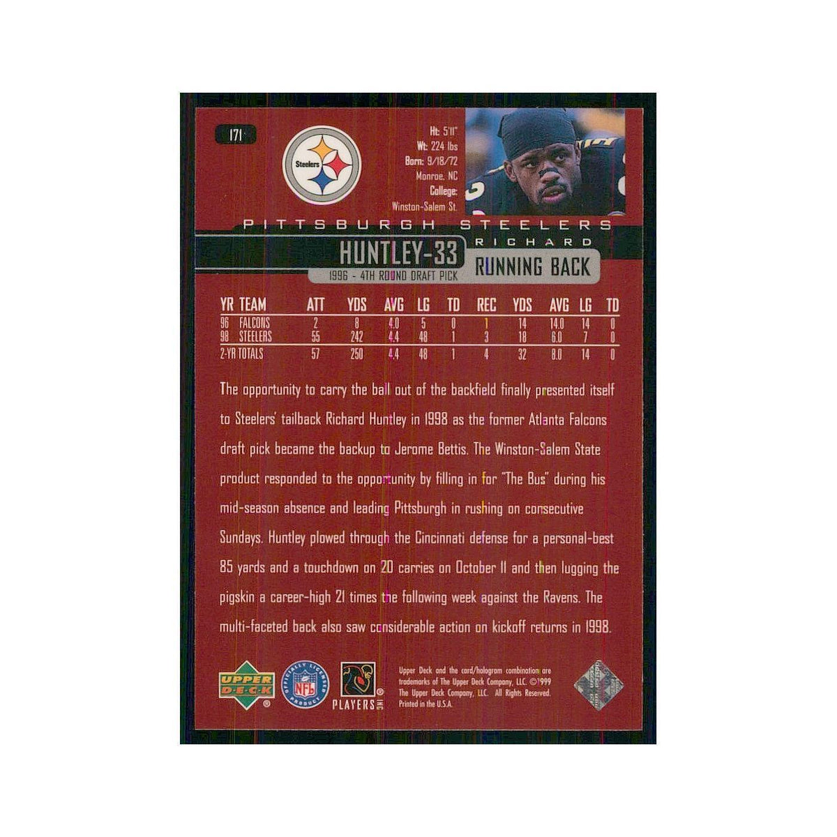 1999 Upper Deck Richard Huntley Steelers #171