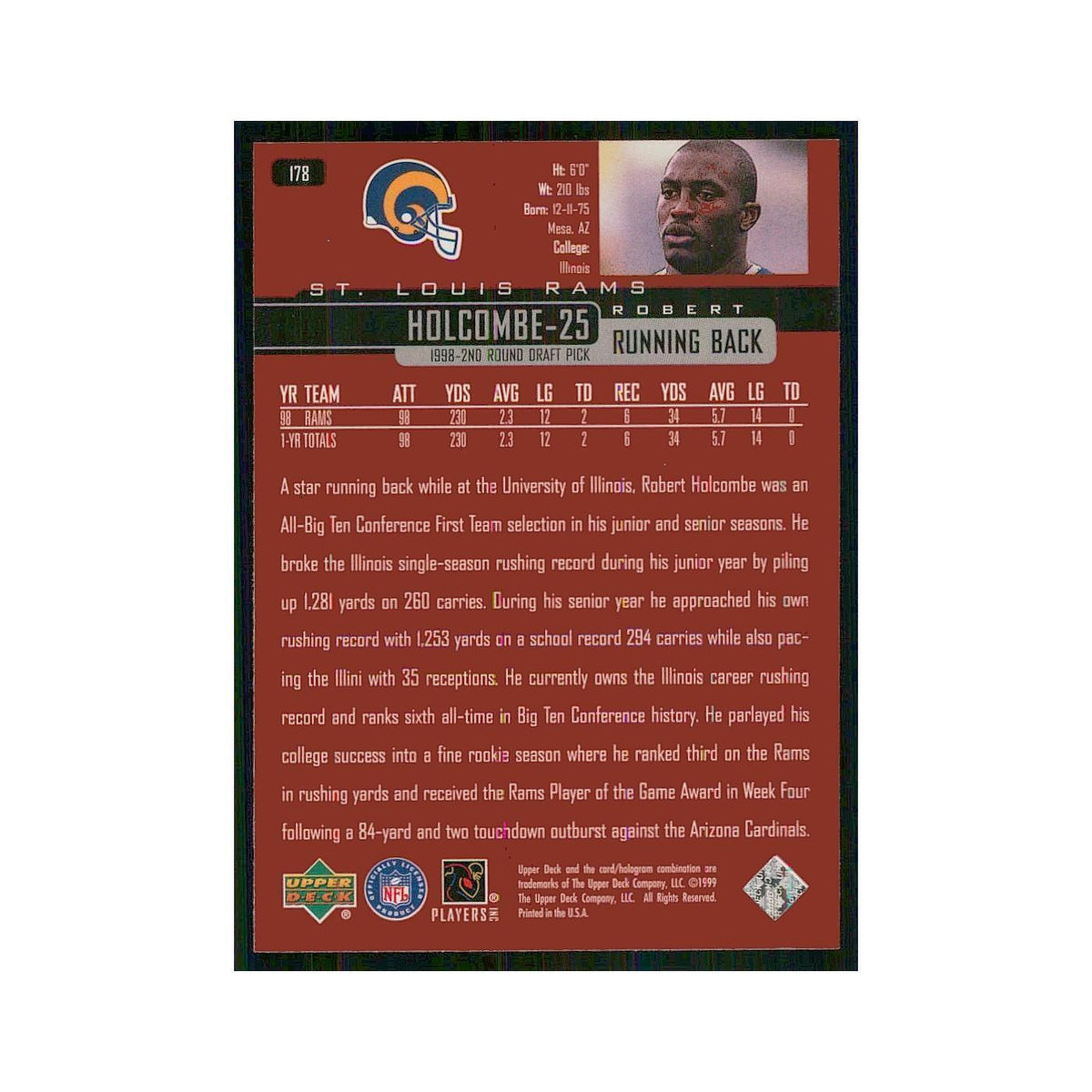 1999 Upper Deck Robert Holcombe St. Louis Rams #178