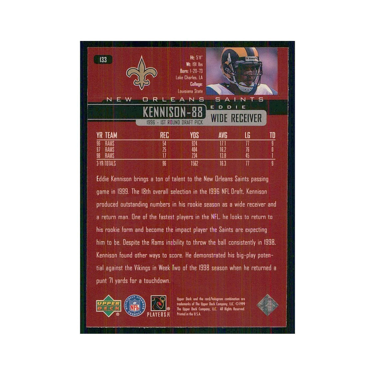 1999 Upper Deck Eddie Kennison Saints #133