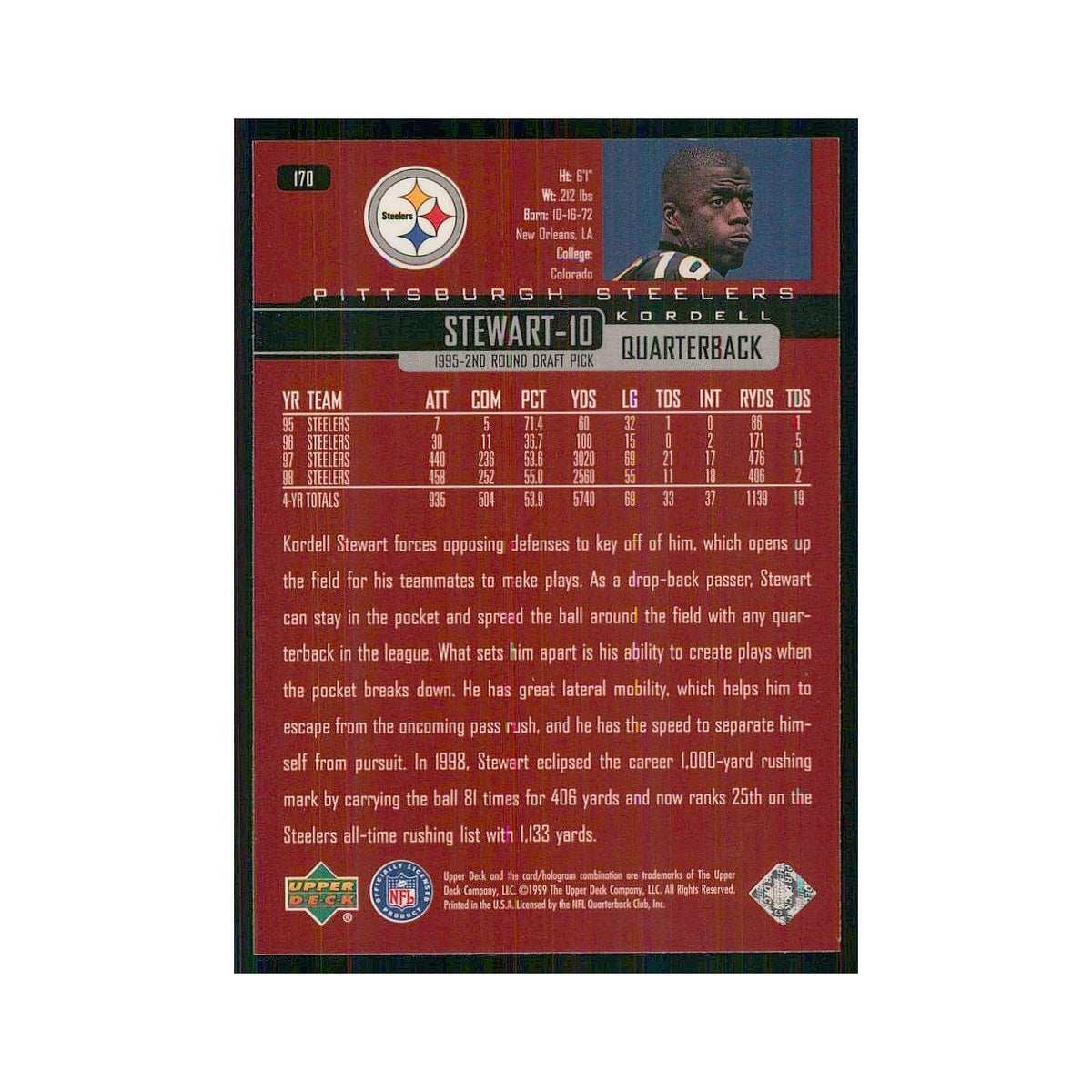 1999 Upper Deck Kordell Stewart Steelers #170