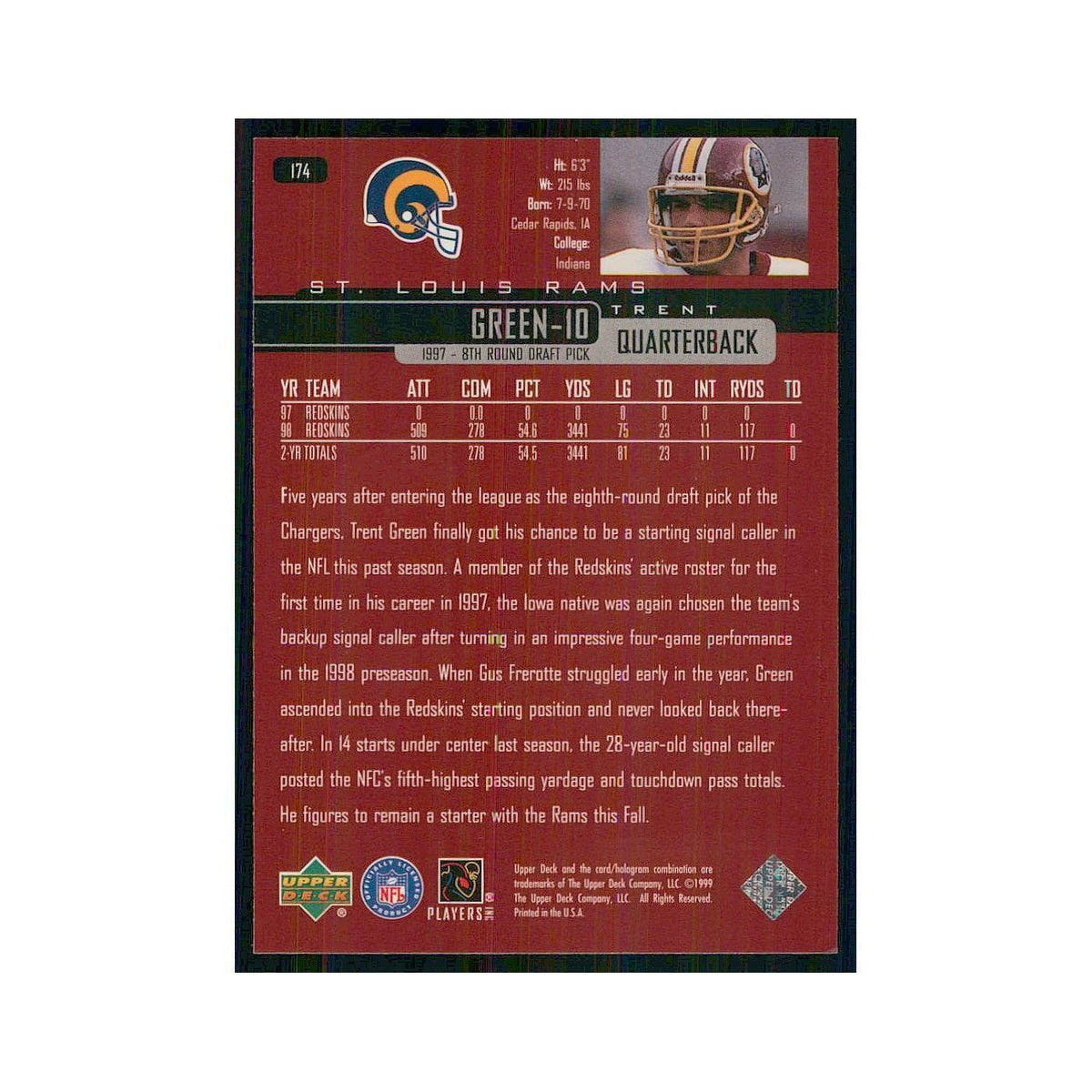 1999 Upper Deck Trent Green St. Louis Rams #174