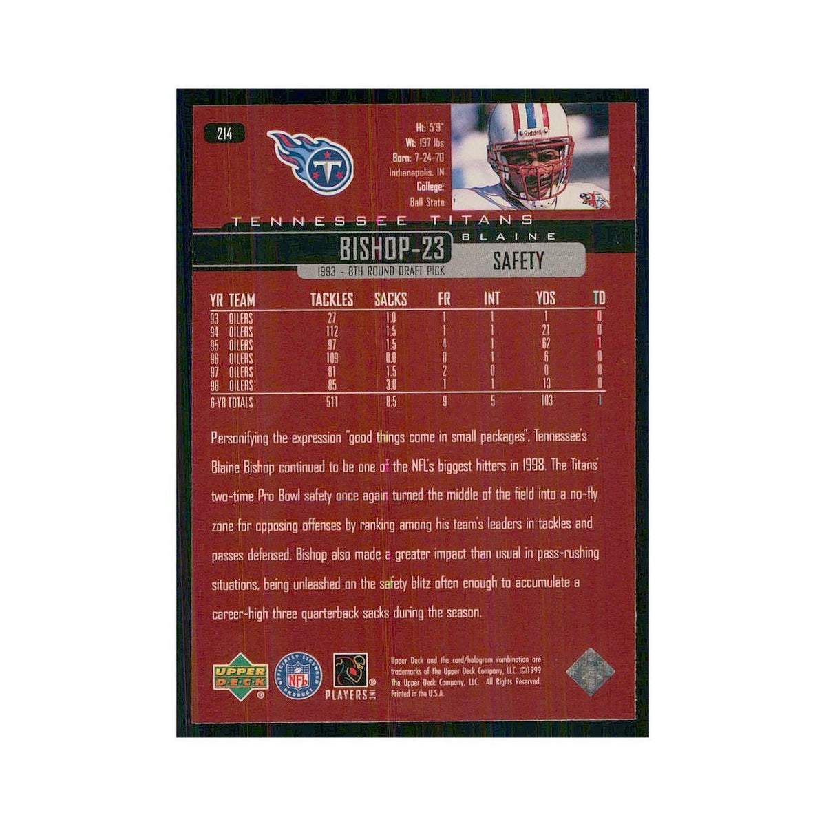1999 Upper Deck Blaine Bishop Titans #214