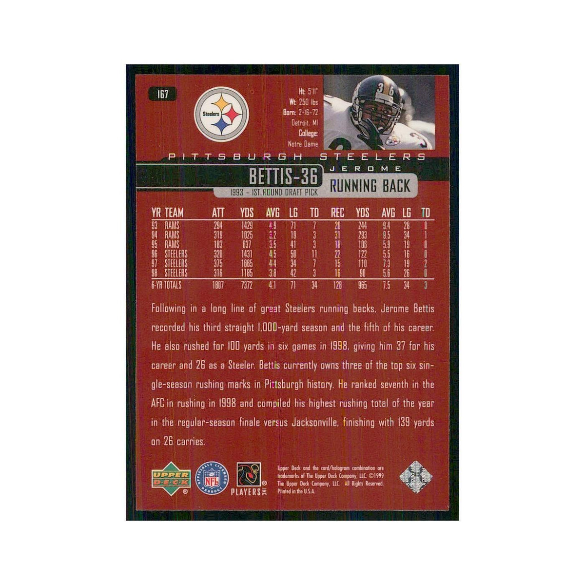 1999 Upper Deck Jerome Bettis Steelers #167