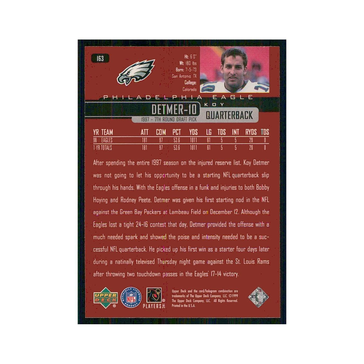 1999 Upper Deck Koy Detmer Eagles #163