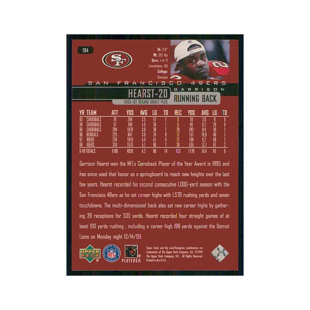 1999 Upper Deck Garrison Hearst 49ers #194