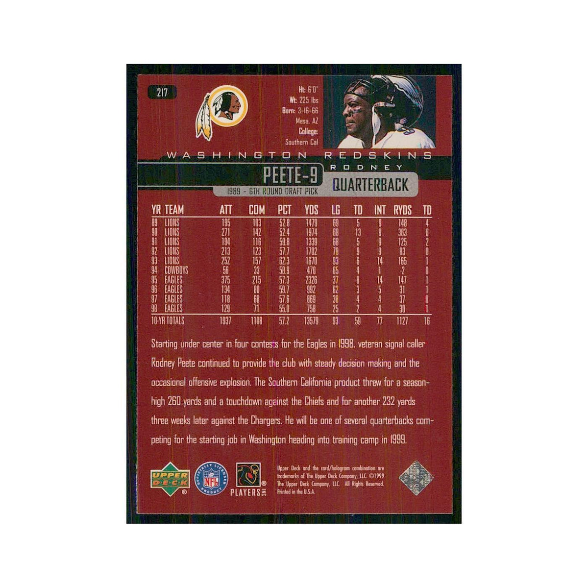 1999 Upper Deck Rodney Peete Redskins #217