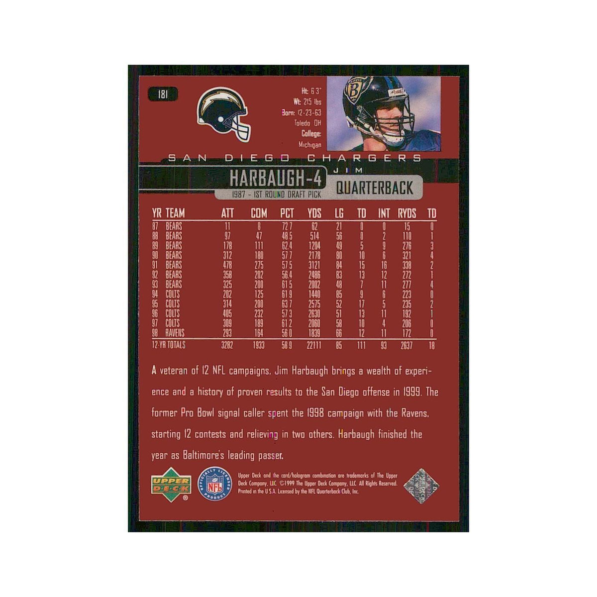 1999 Upper Deck Jim Harbaugh Ravens #181