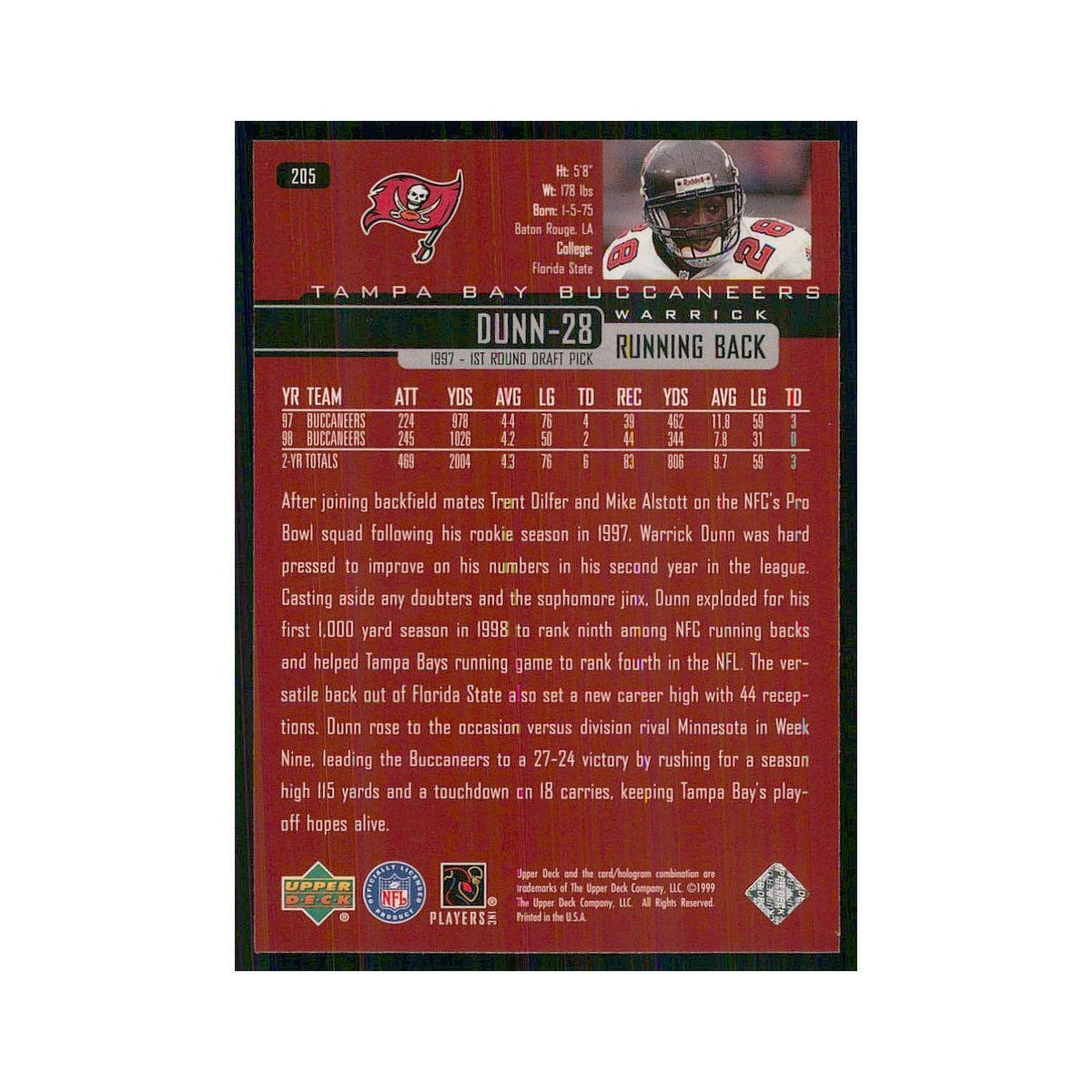 1999 Upper Deck Warrick Dunn Buccaneers #205