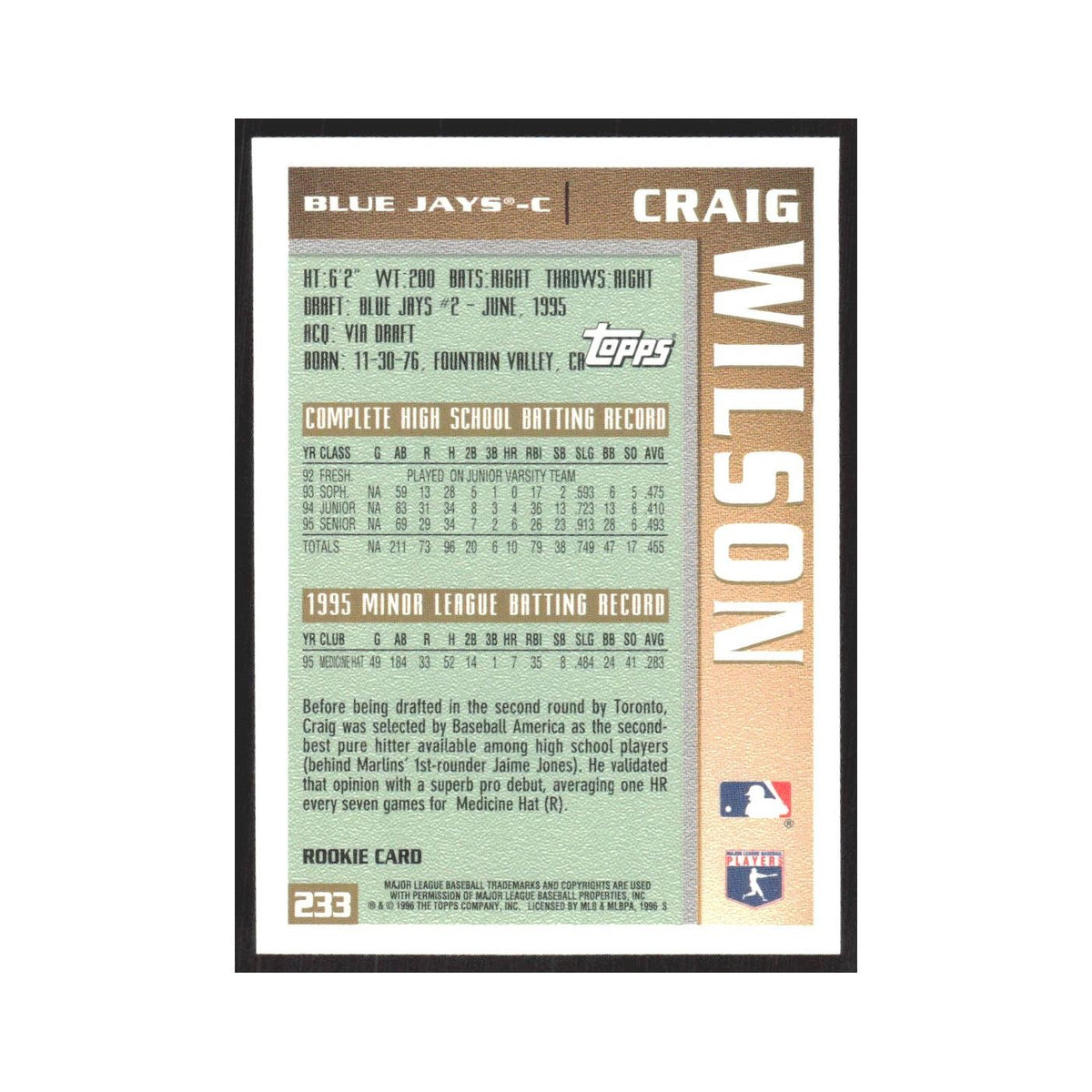 1996 Topps Craig Wilson RC Blue Jays #233