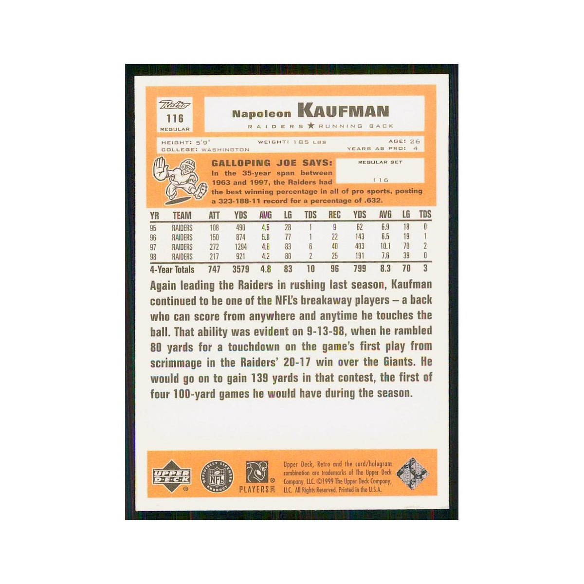 1999 Upper Deck Retro Napoleon Kaufman Raiders #116
