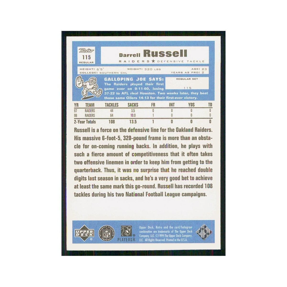 1999 Upper Deck Retro Darrell Russell Raiders #115