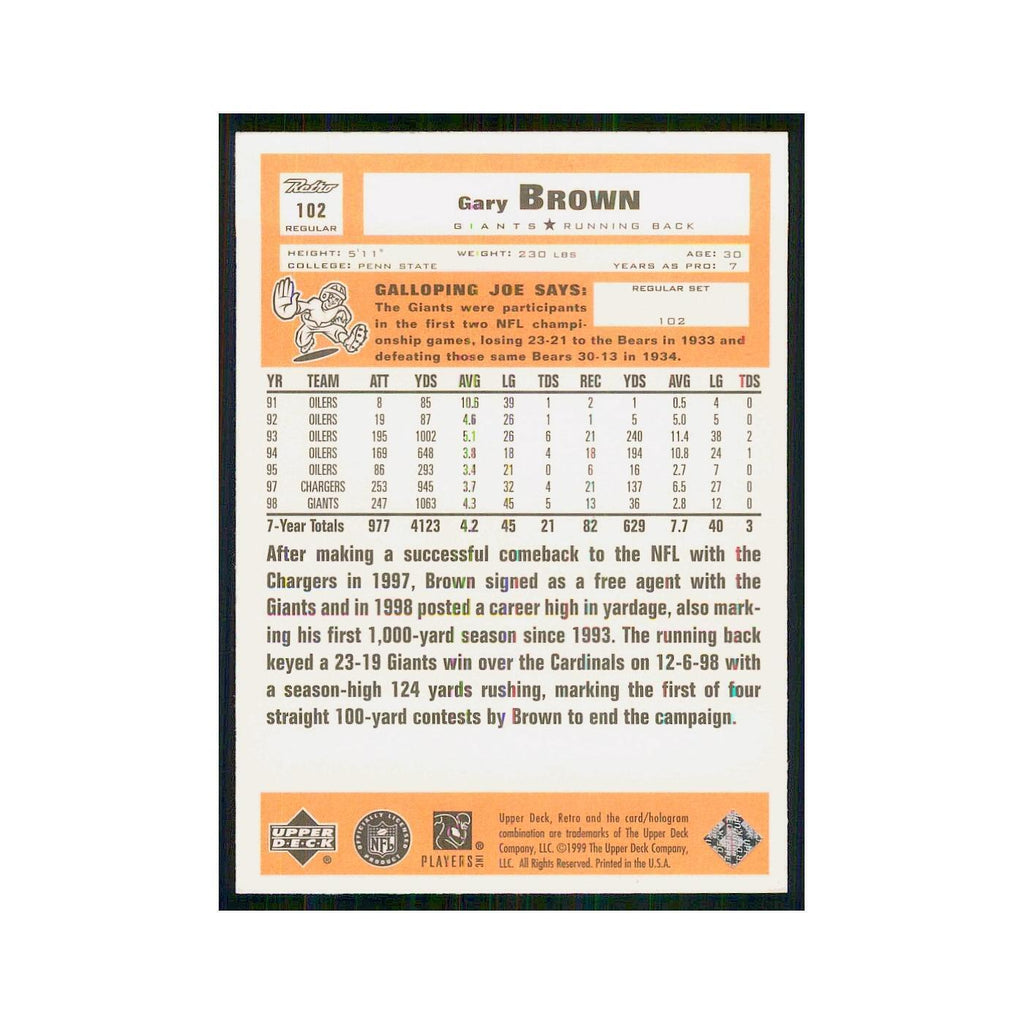 1999 Upper Deck Retro Gary Brown Giants #102