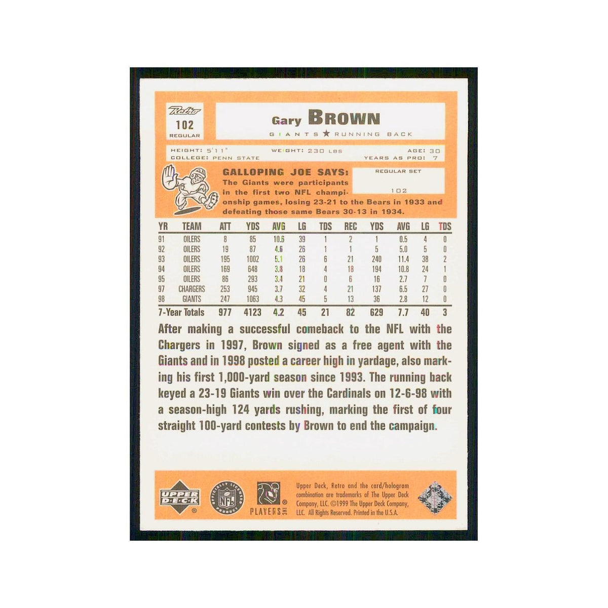 1999 Upper Deck Retro Gary Brown Giants #102