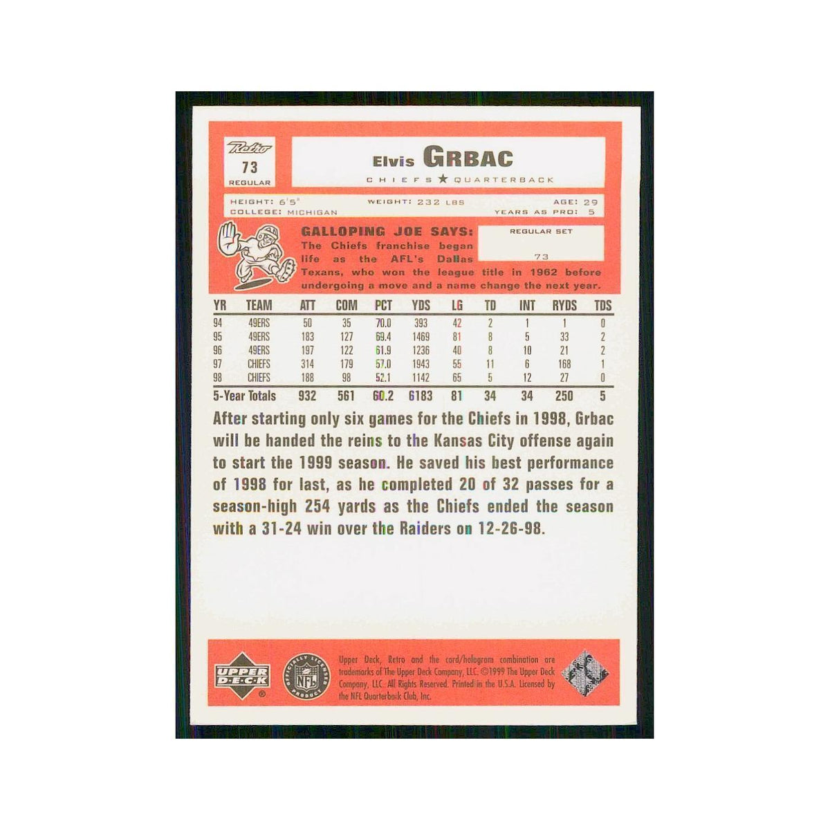 1999 Upper Deck Retro Elvis Grbac Chiefs #73