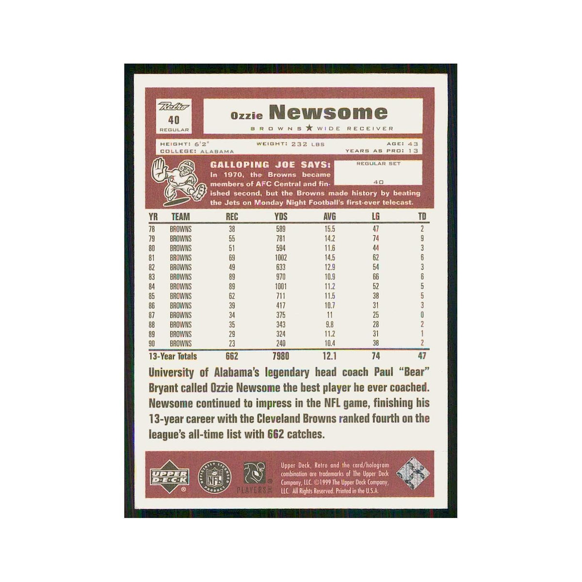 1999 Upper Deck Retro Ozzie Newsome Browns #40