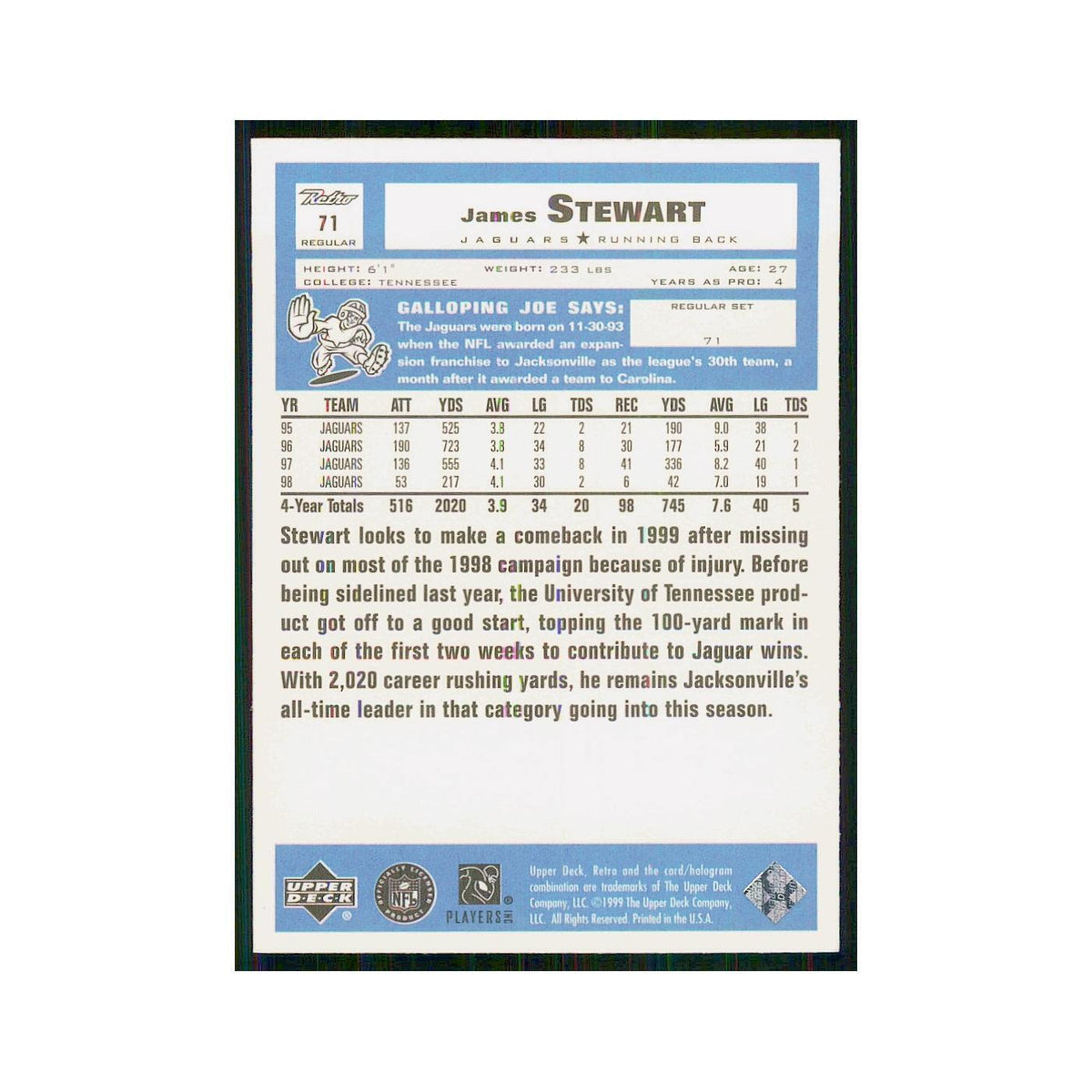 1999 Upper Deck Retro James Stewart Jaguars #71