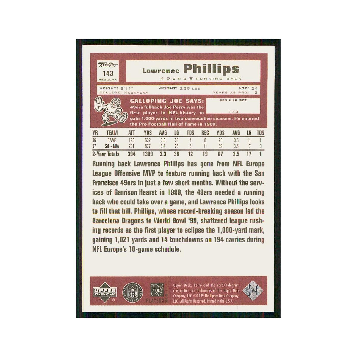 1999 Upper Deck Retro Lawrence Phillips 49ers #143