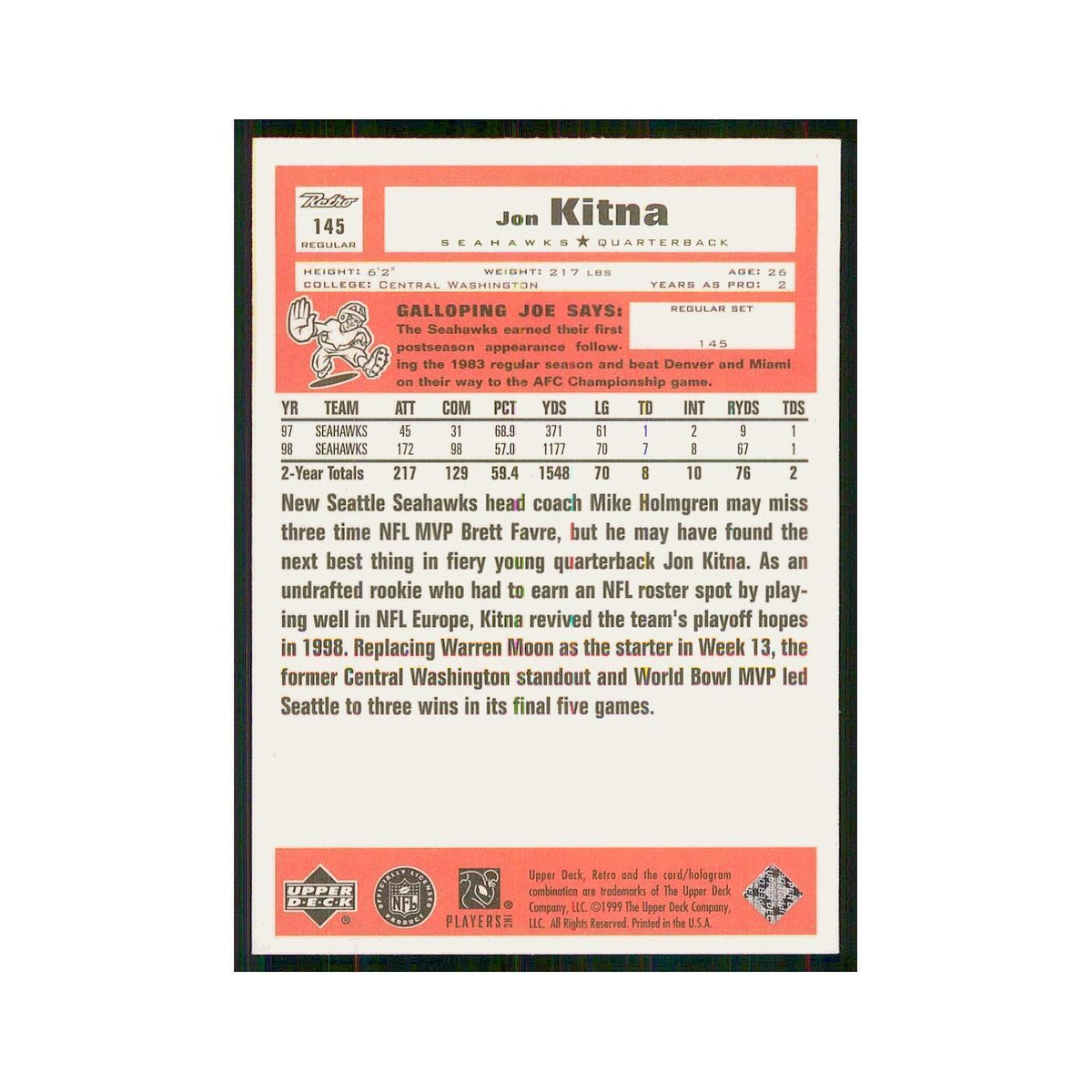 1999 Upper Deck Retro Jon Kitna Seahawks #145