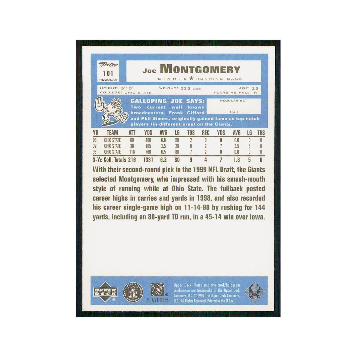 1999 Upper Deck Retro Joe Montgomery RC Giants #101