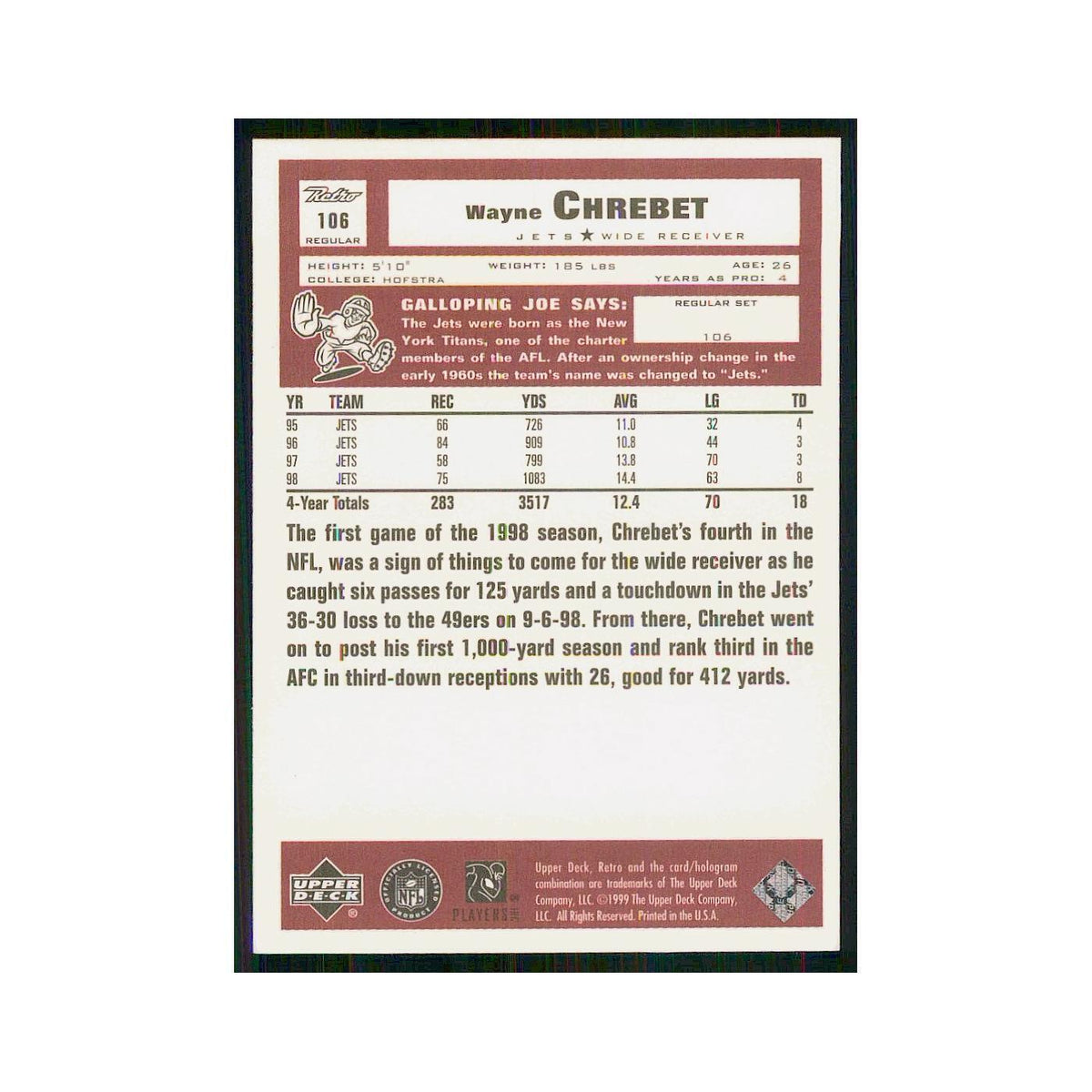1999 Upper Deck Retro Wayne Chrebet Jets #106