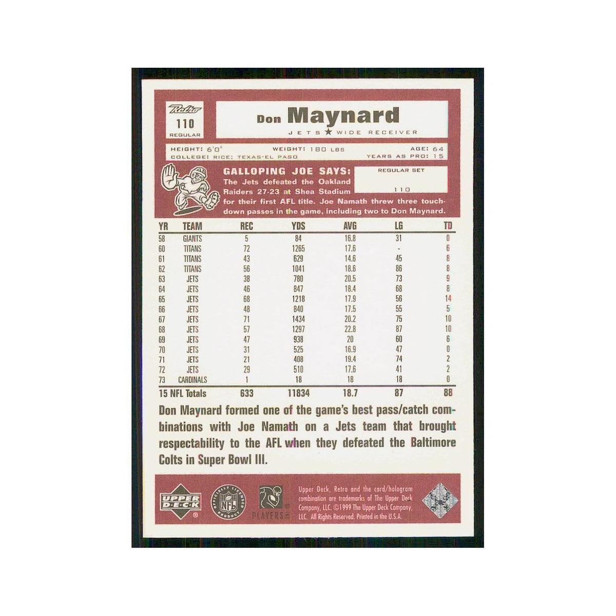 1999 Upper Deck Retro Don Maynard Jets #110