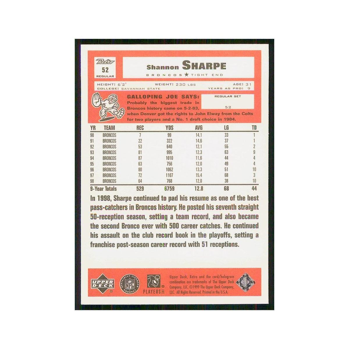 1999 Upper Deck Retro Shannon Sharpe Broncos #52