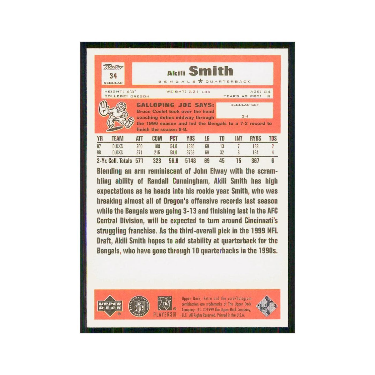 1999 Upper Deck Retro Akili Smith RC Bengals #34