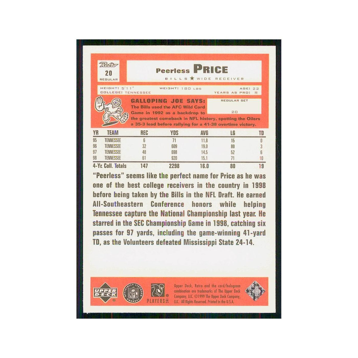 1999 Upper Deck Retro Peerless Price RC Bills #20