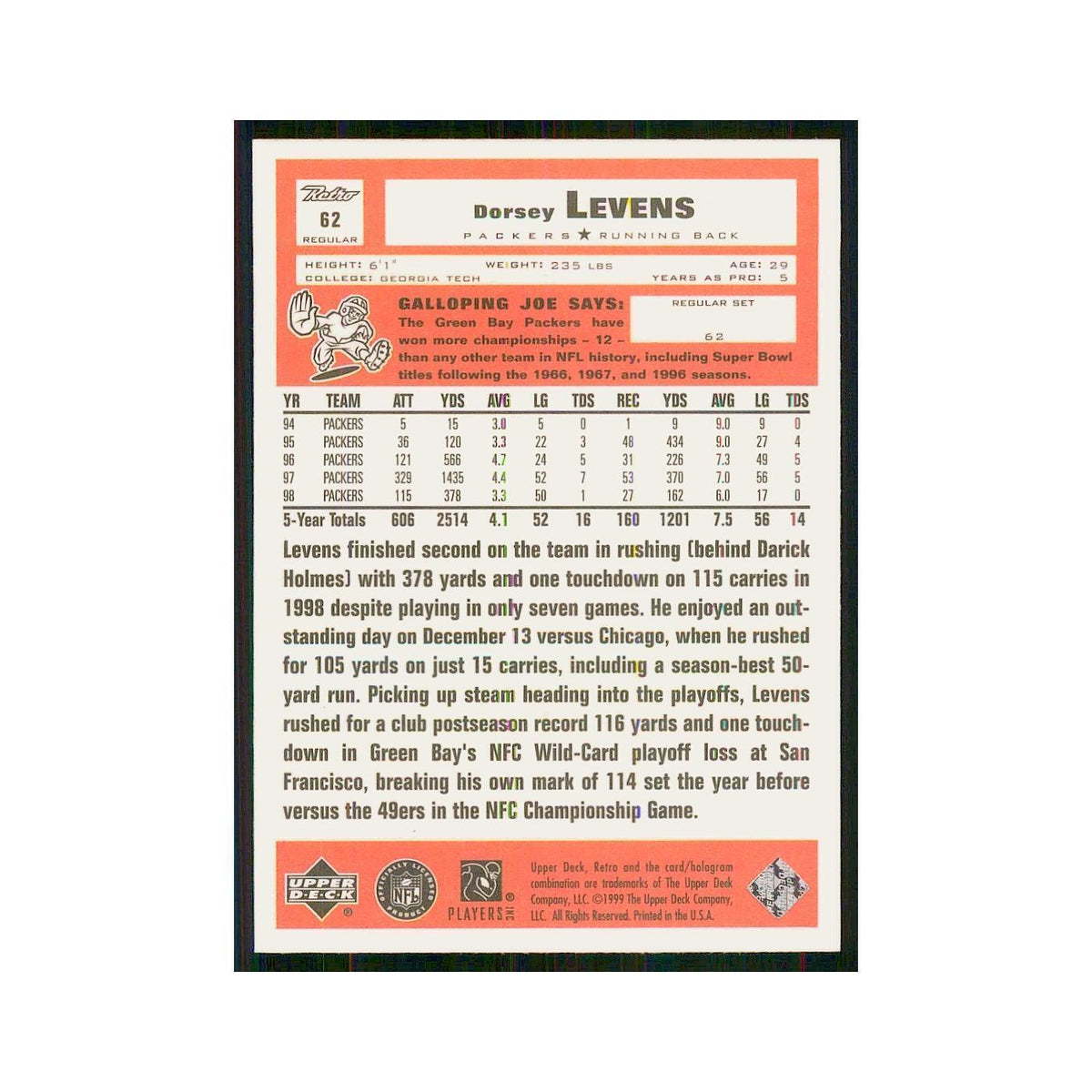 1999 Upper Deck Retro Dorsey Levens Packers #62