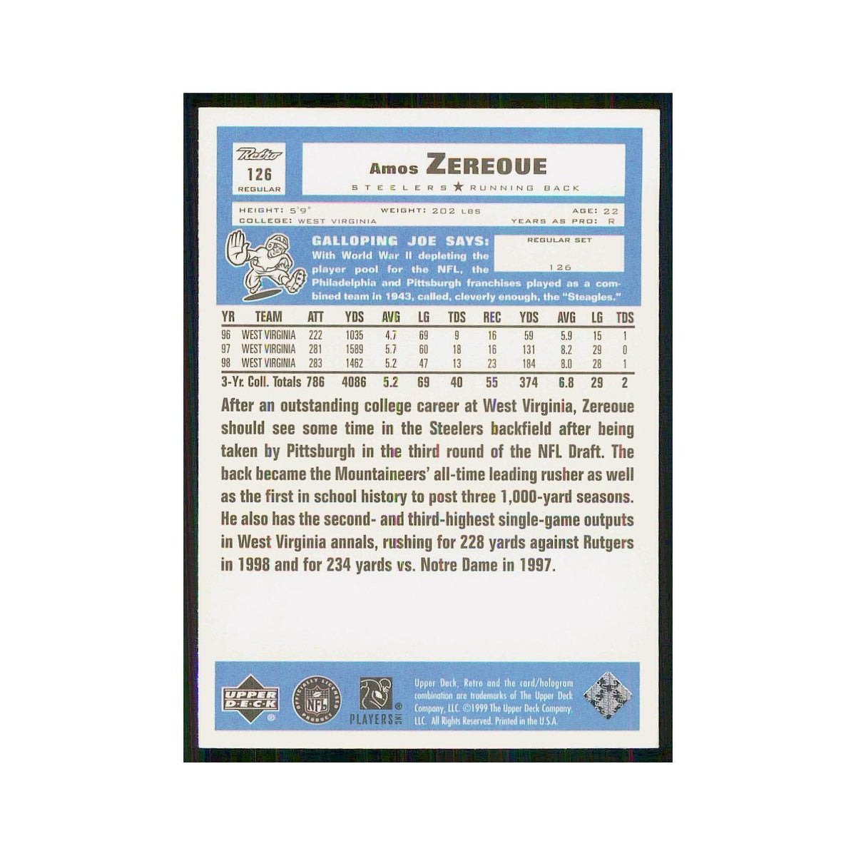 1999 Upper Deck Retro Amos Zereoue RC Steelers #126
