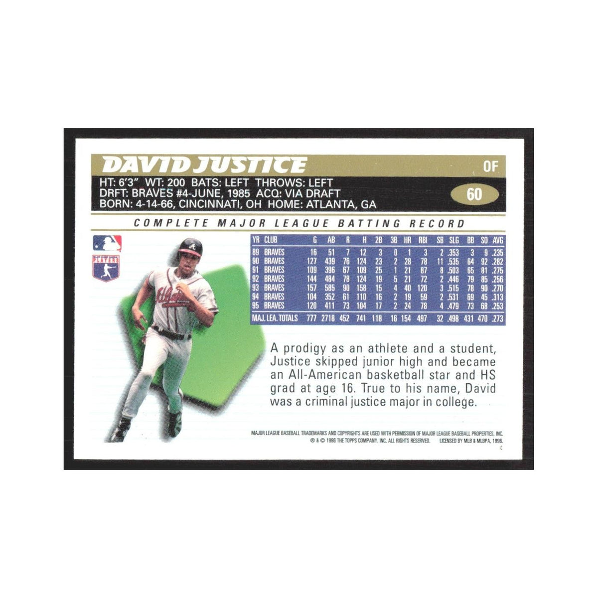 1996 Topps David Justice Braves #60