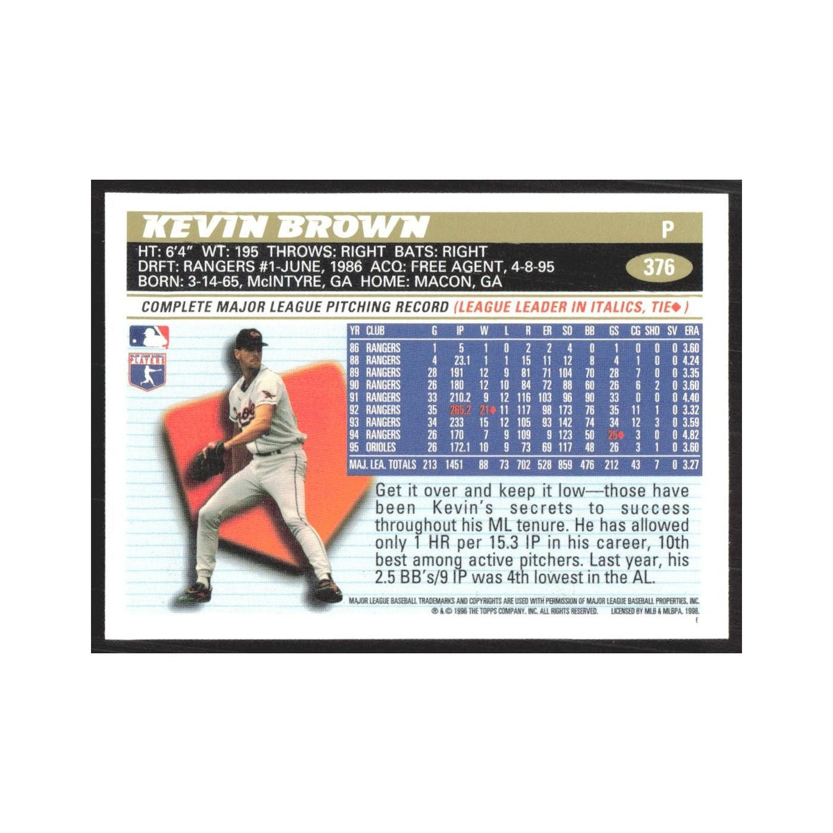 1996 Topps Kevin Brown Orioles #376