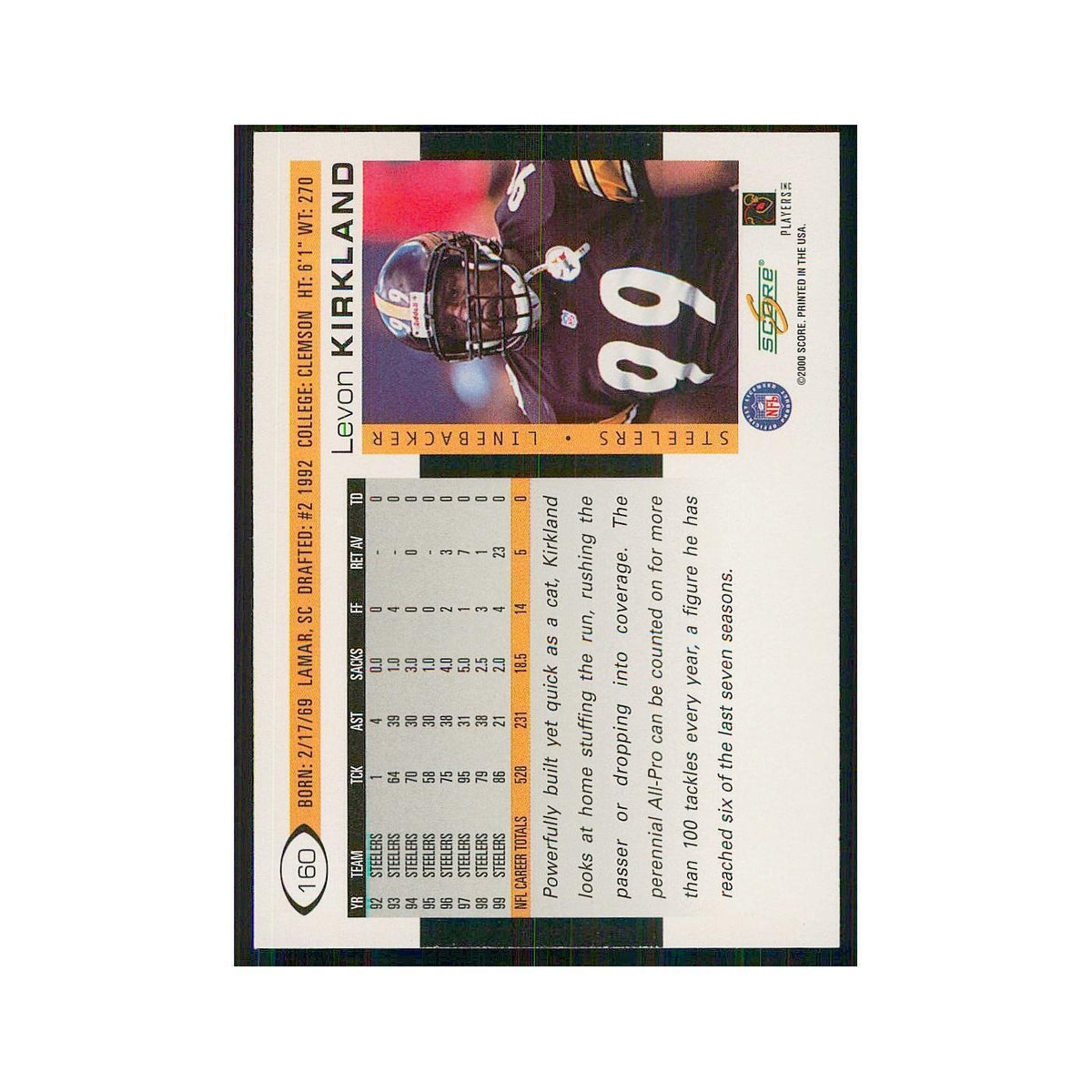 2000 Score Levon Kirkland Steelers #160