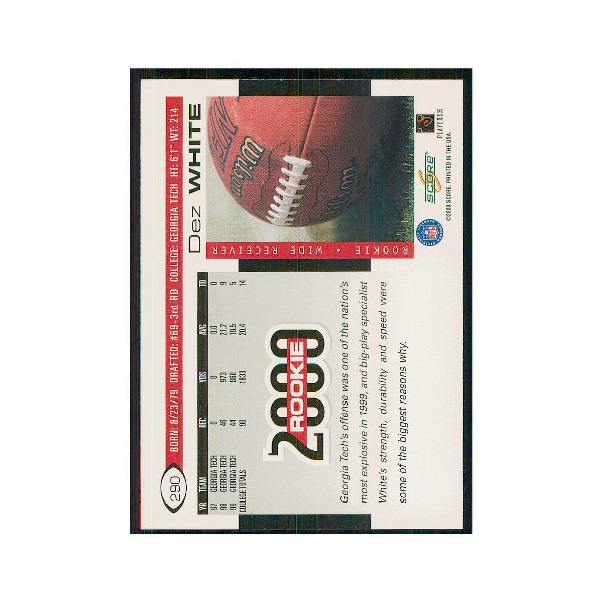 2000 Score Dez White RC Georgia Tech Yellow Jackets #290