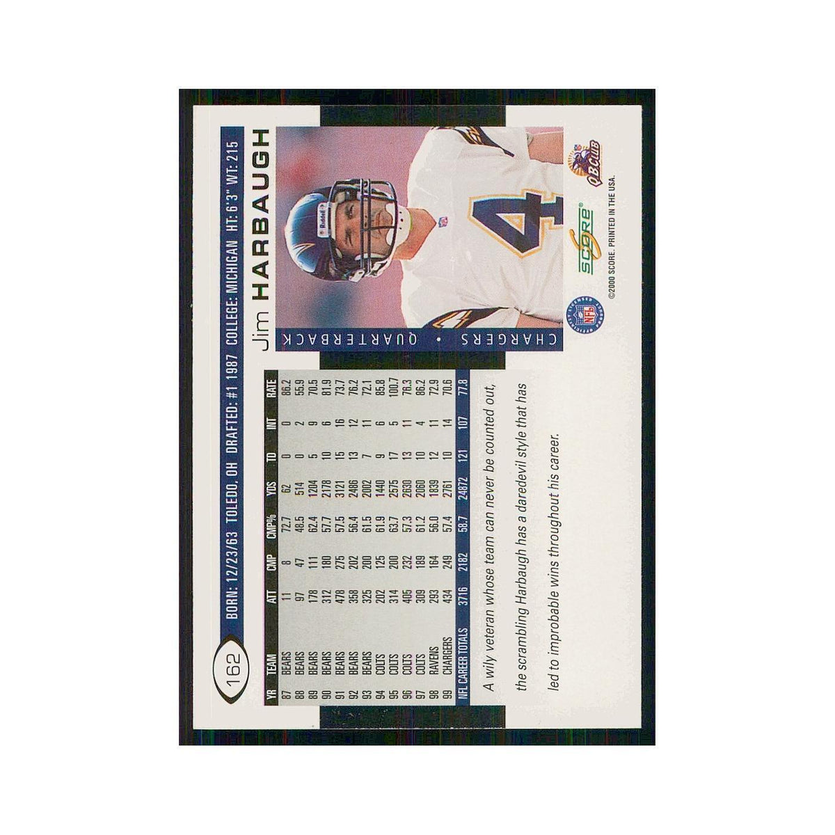 2000 Score Jim Harbaugh San Diego Chargers #162
