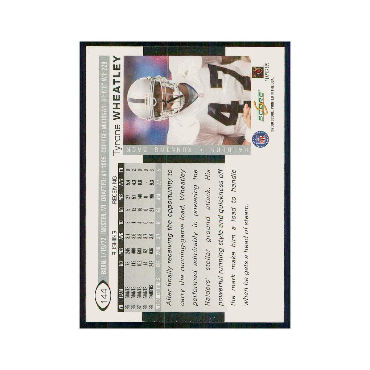 2000 Score Tyrone Wheatley Raiders #144