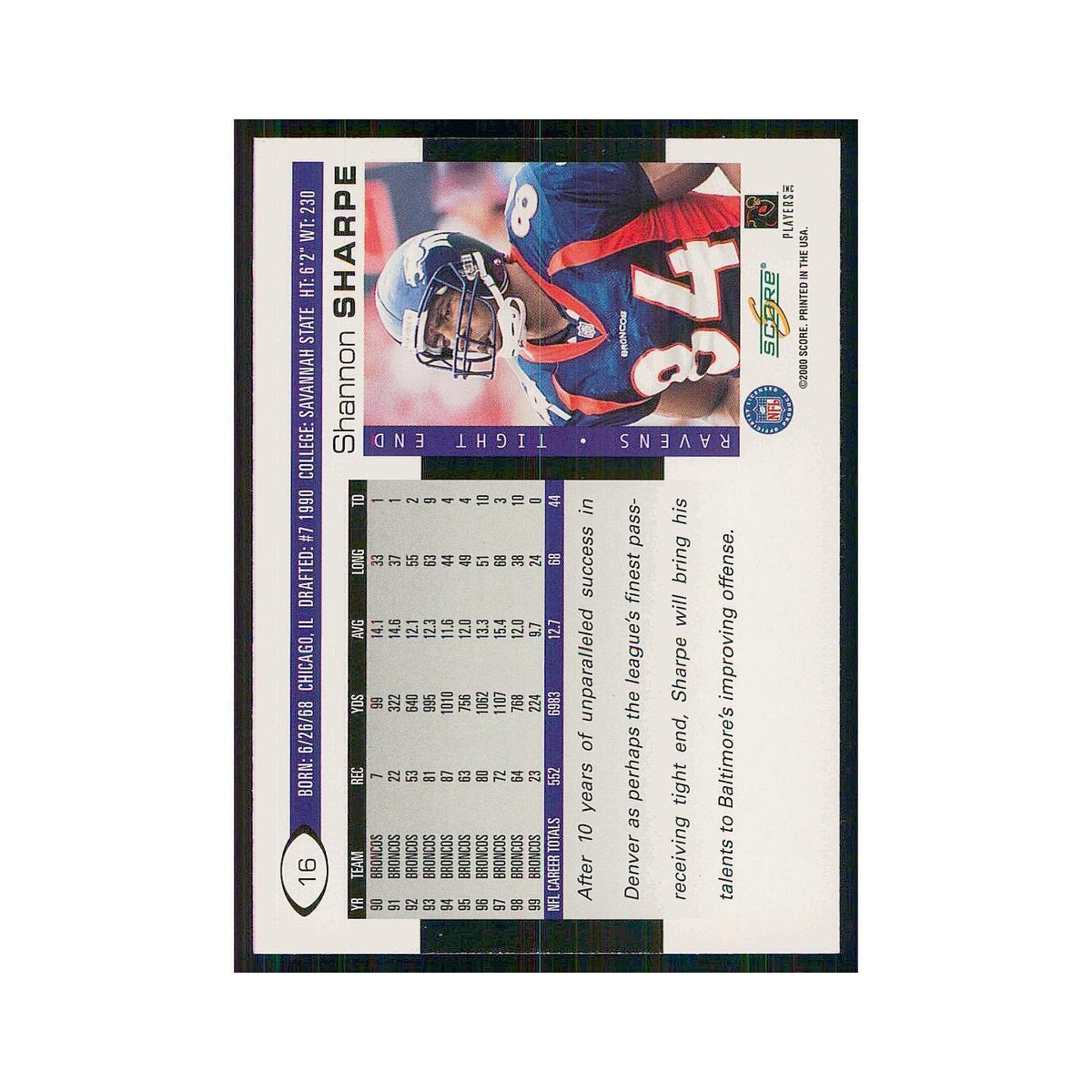 2000 Score Shannon Sharpe Ravens #16
