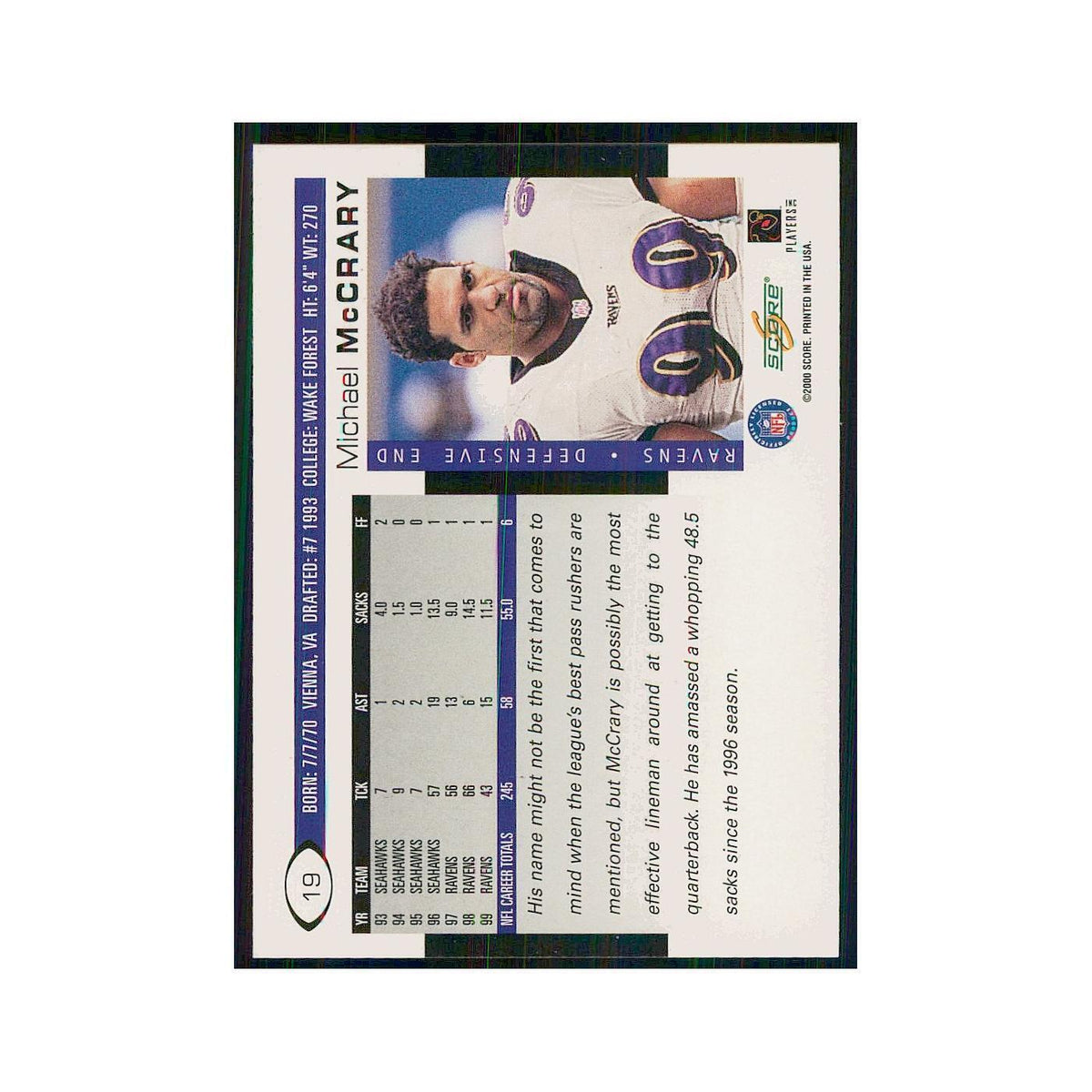 2000 Score Michael McCrary Ravens #19