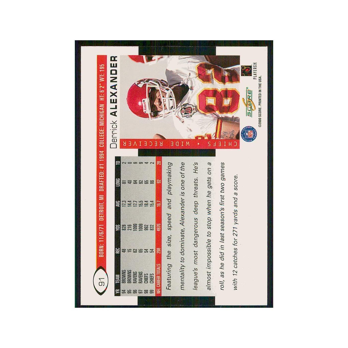 2000 Score Derrick Alexander Chiefs #91