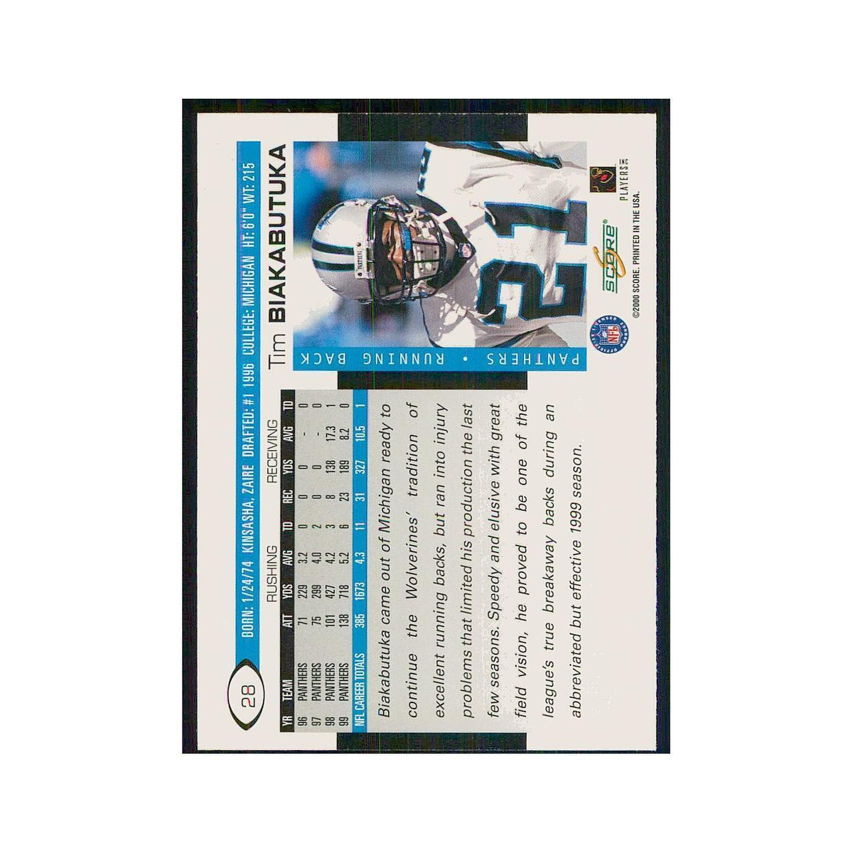 2000 Score Tim Biakabutuka Panthers #28