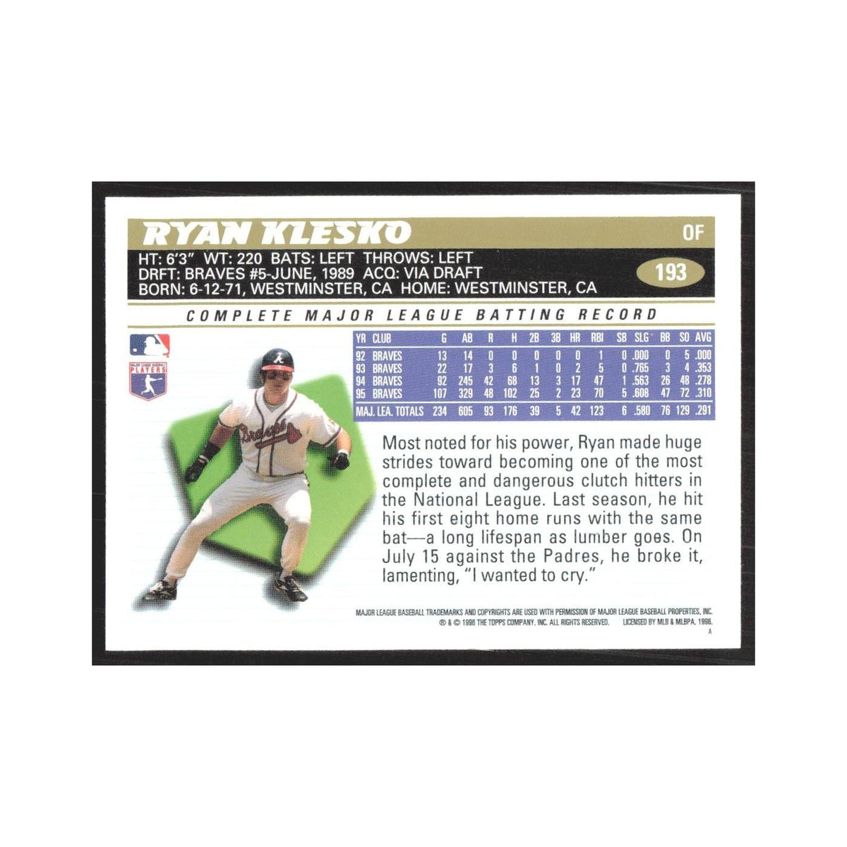 1996 Topps Ryan Klesko Braves #193