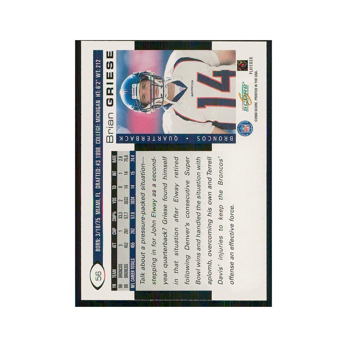 2000 Score Brian Griese Broncos #56