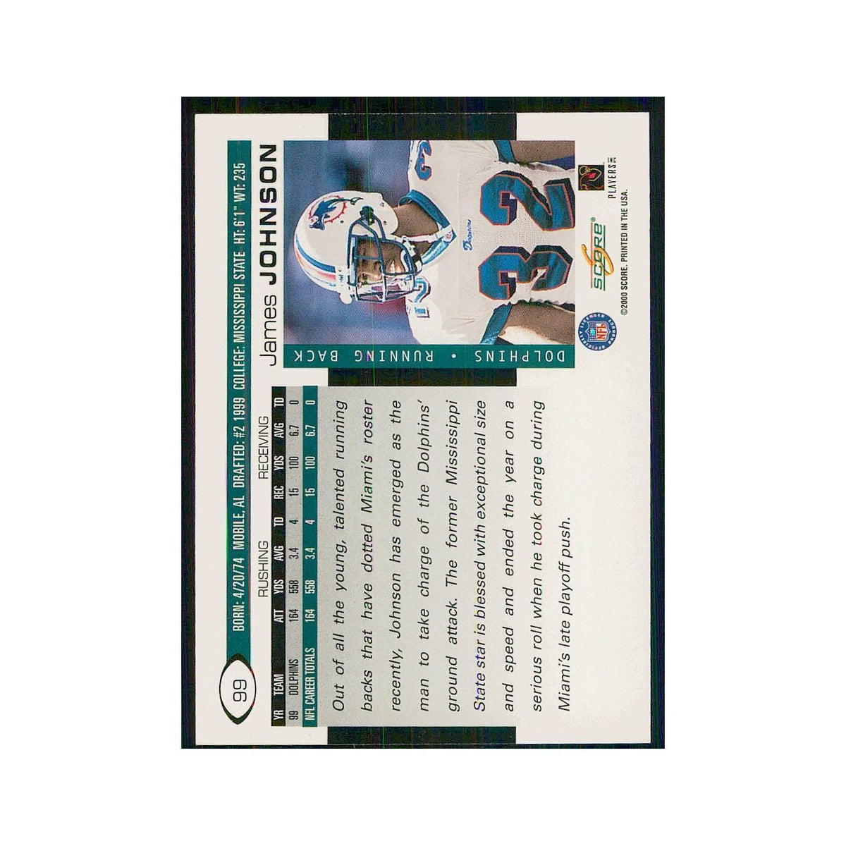 2000 Score James Johnson Dolphins #99