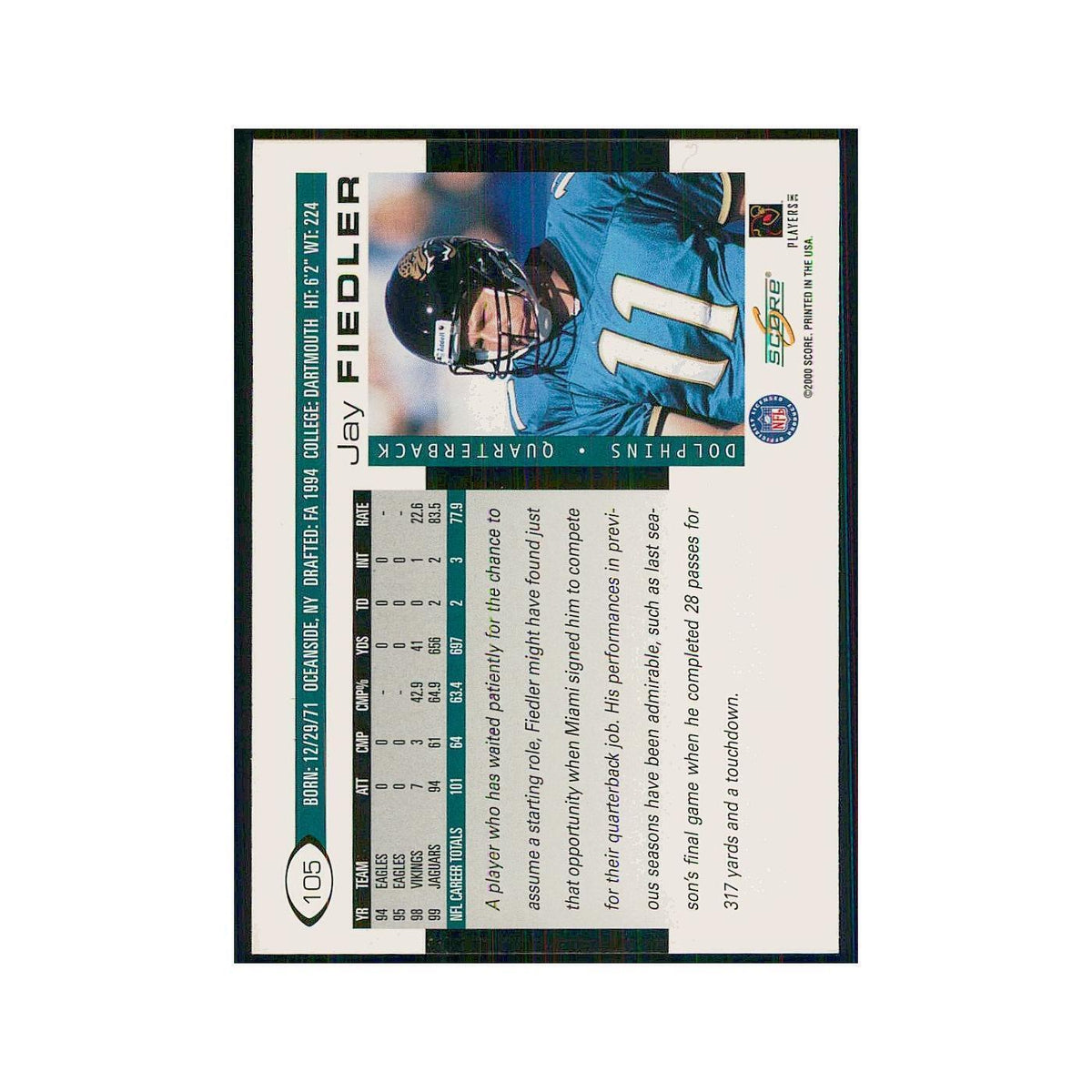 2000 Score Jay Fiedler Dolphins #105
