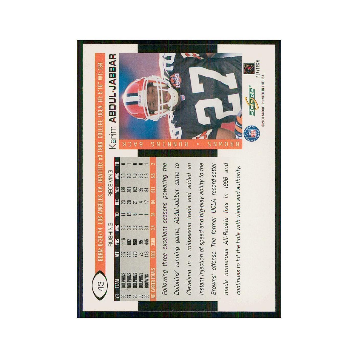 2000 Score Karim Abdul-Jabbar Browns #43