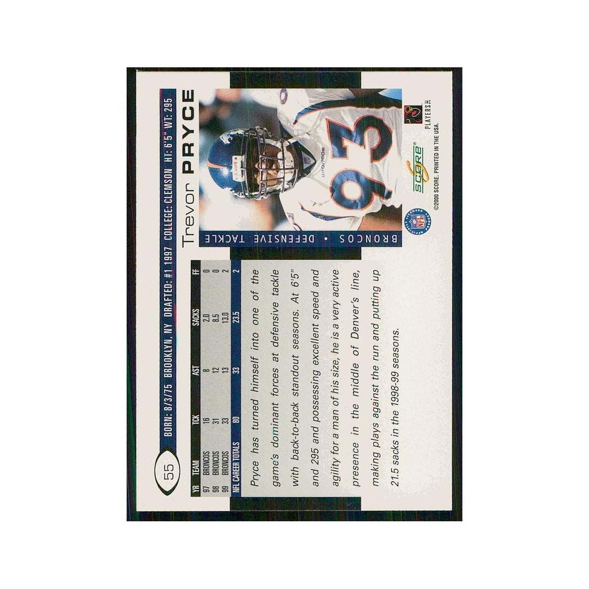 2000 Score Trevor Pryce Broncos #55