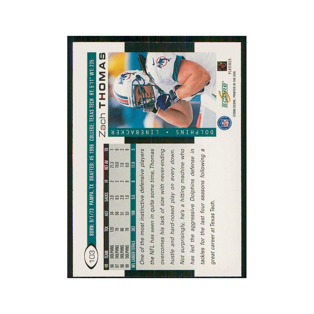 2000 Score Zach Thomas Dolphins #103