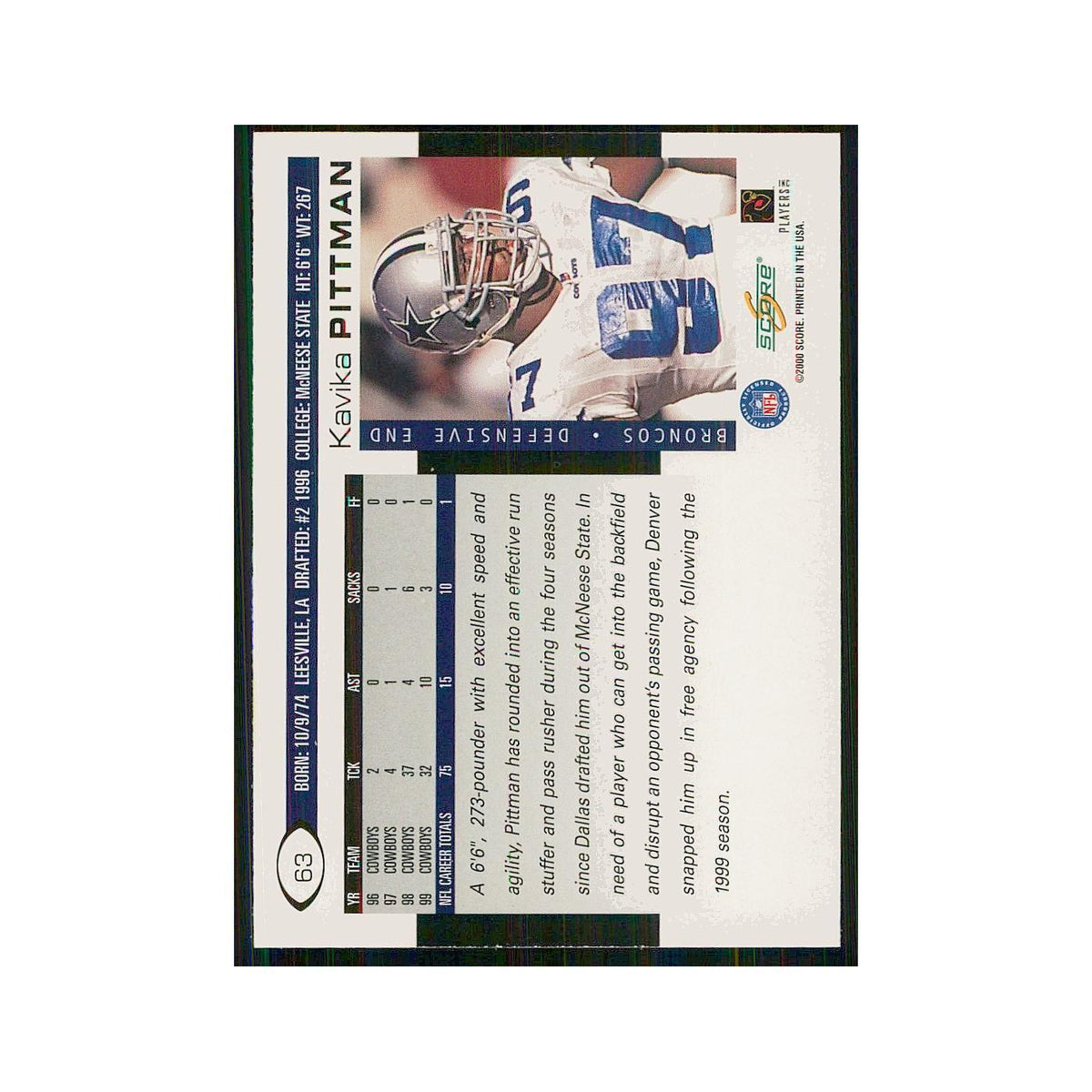 2000 Score Kavika Pittman Broncos #63